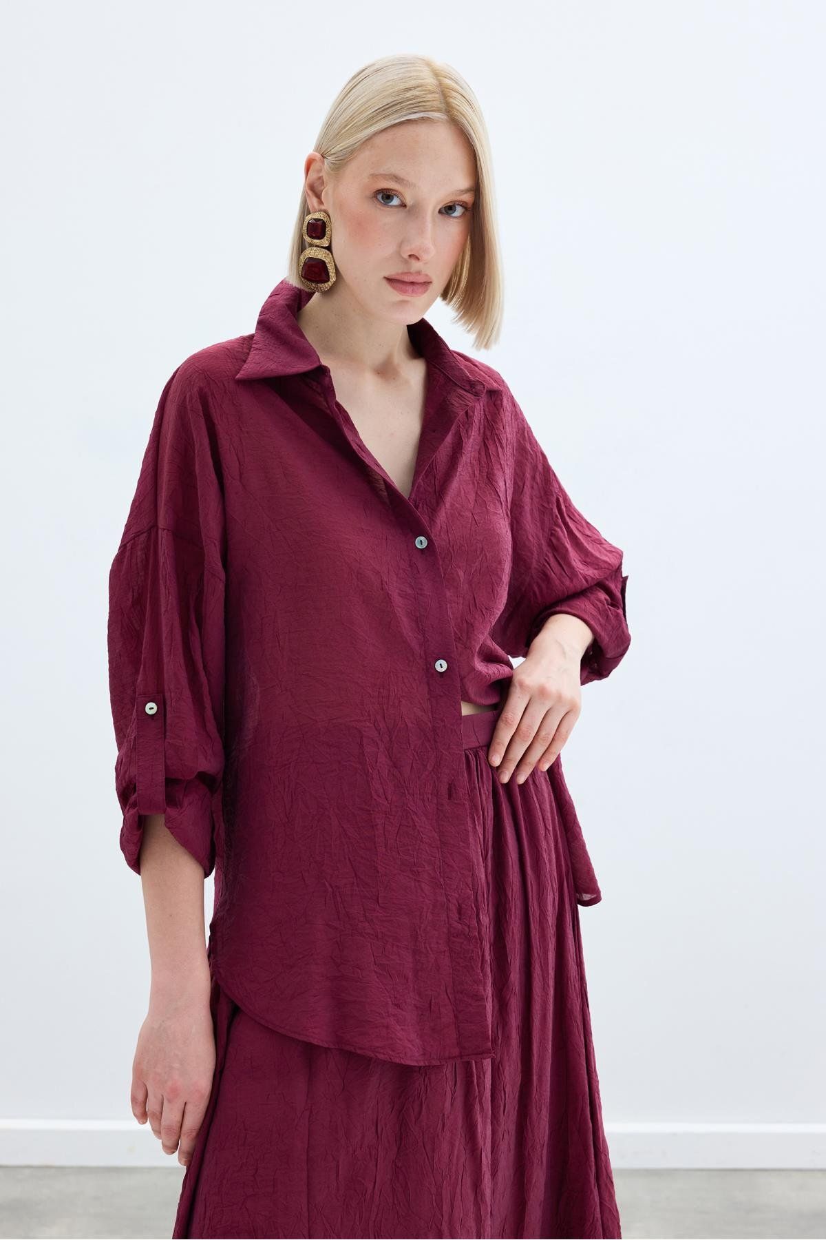 Sateen Kol Detaylı Salaş Gömlek - Bordo