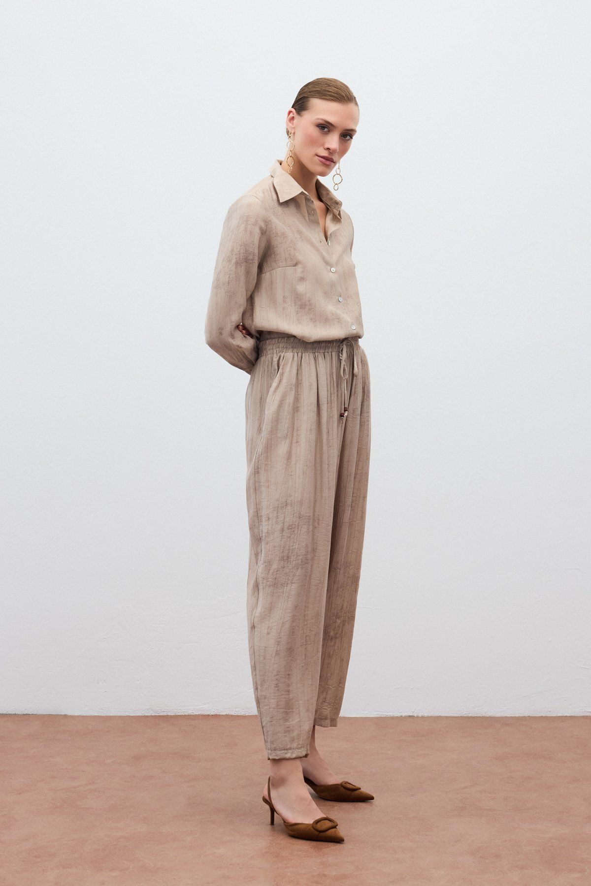 Sateen Batık Desenli Pantolon - Bej