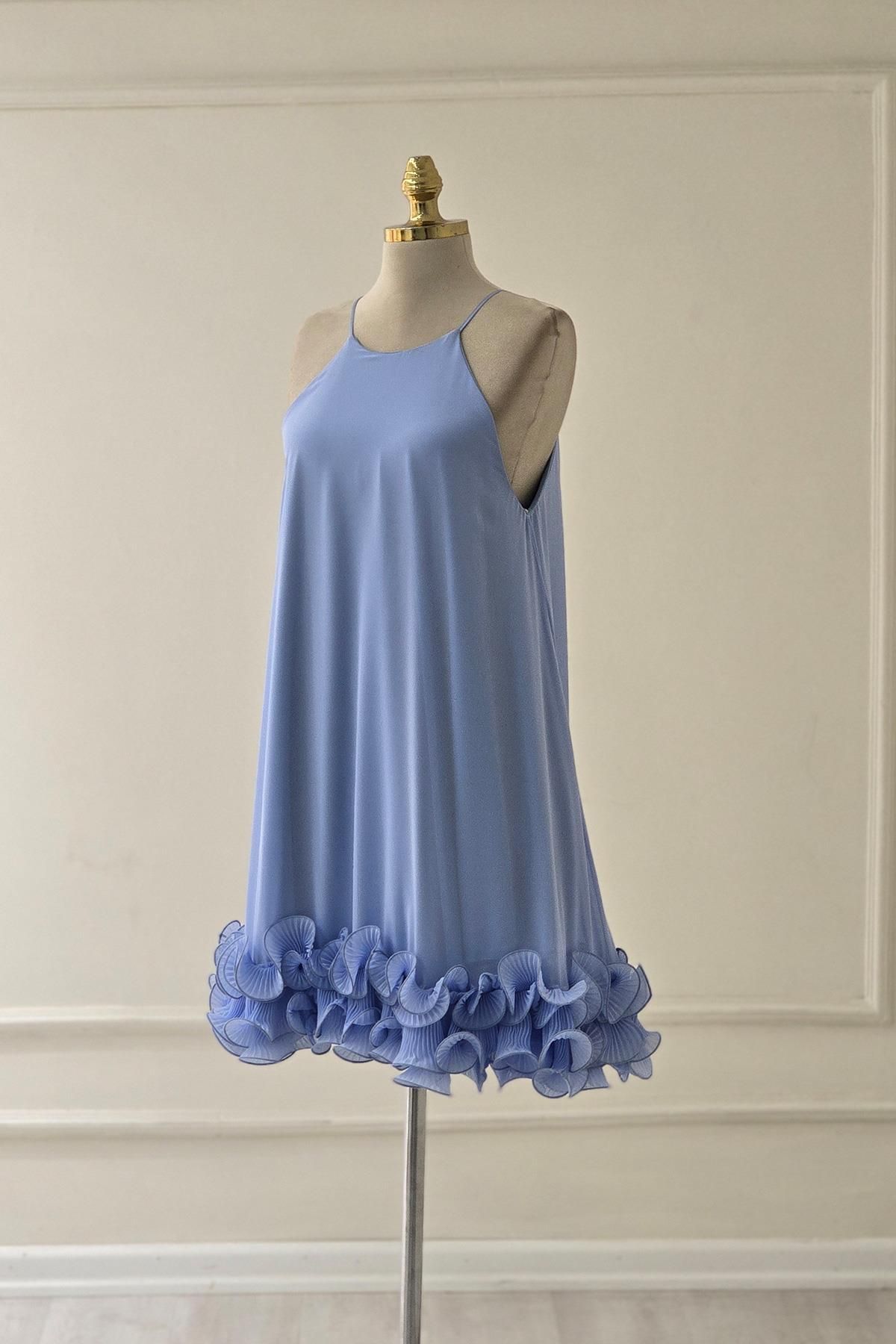 Yonca Moda Evi Mavi Şifon Eteği Fırfırlı Abiye 58355