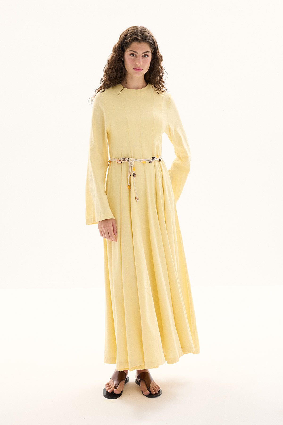 Hooopstore Organik Karışımlı Belden Oturma Detaylı Butter Yellow Elbise