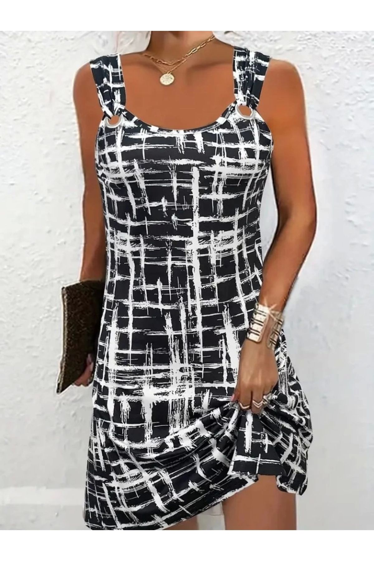 Butik Kadın Askılı Kuş Gözü Detaylı Desenli Süprem Elbise