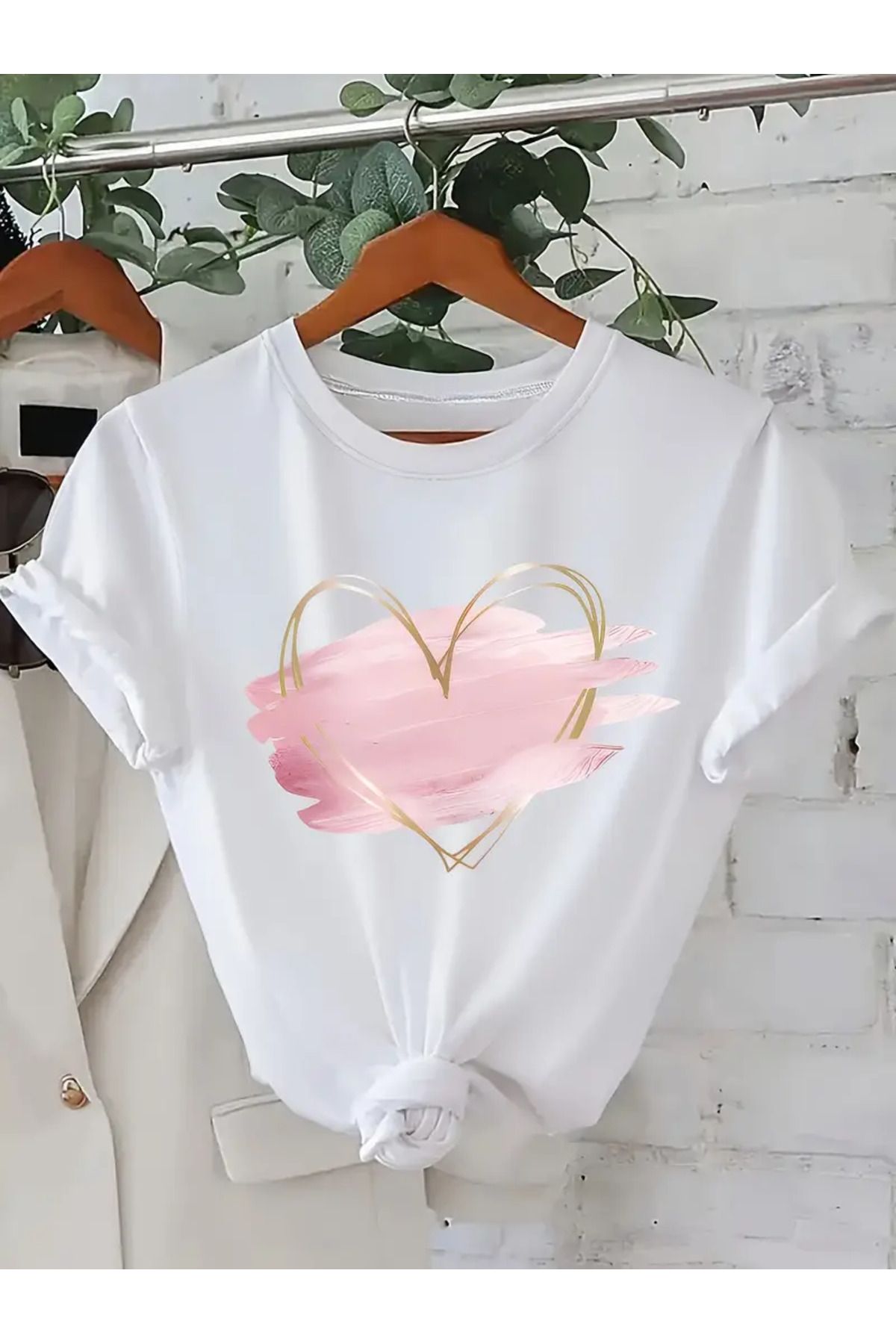 CLASİVA kalp Baskılı Unisex Oversize Bisiklet Yaka T-shirt
