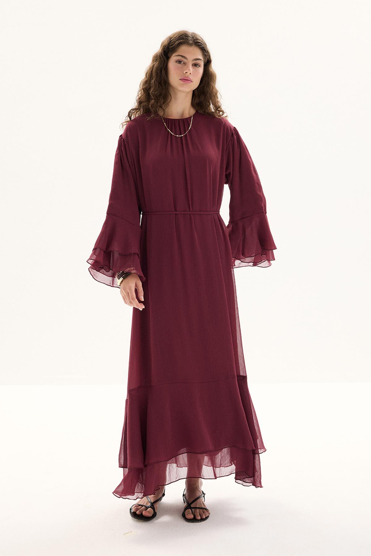 Hooopstore Boho Volanlı Yoryo Şifon Bordo Elbise