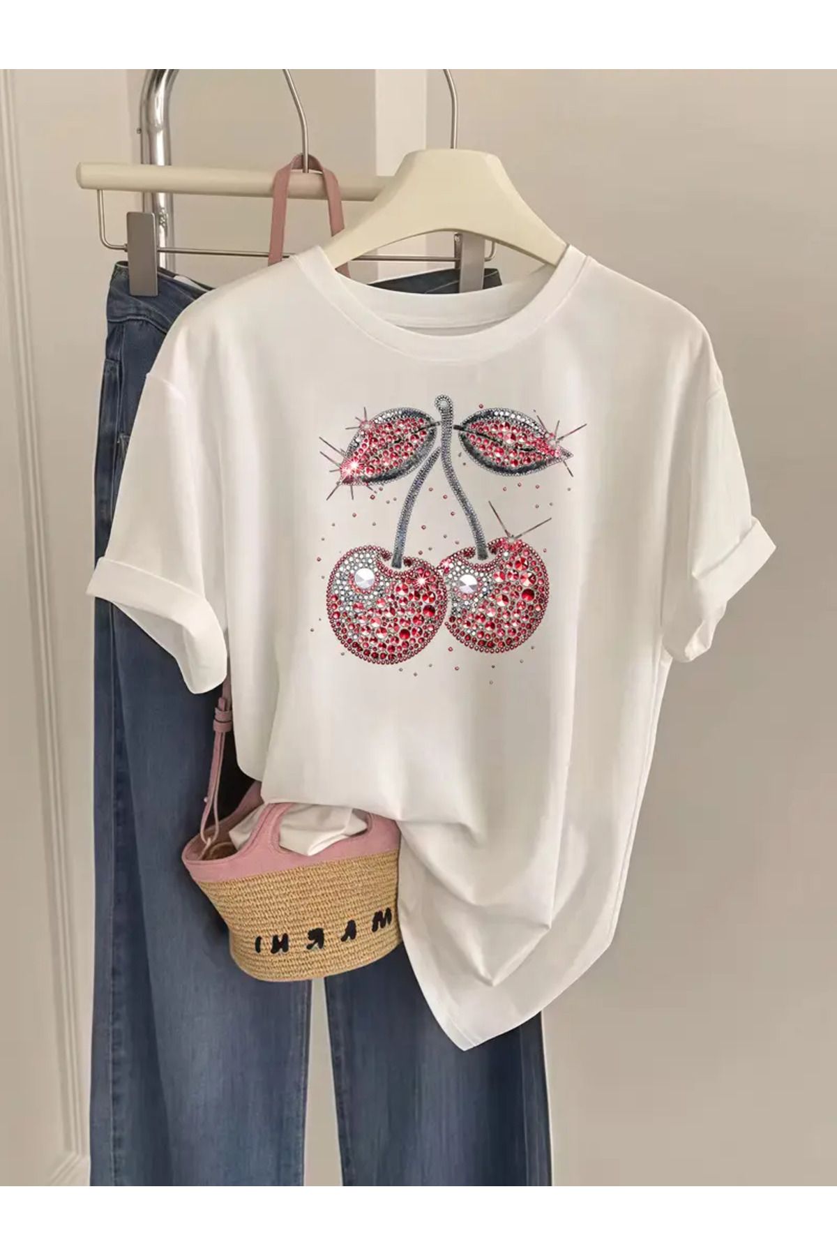 CLASİVA Kiraz baskılı Baskılı Unisex Oversize Bisiklet Yaka T-shirt