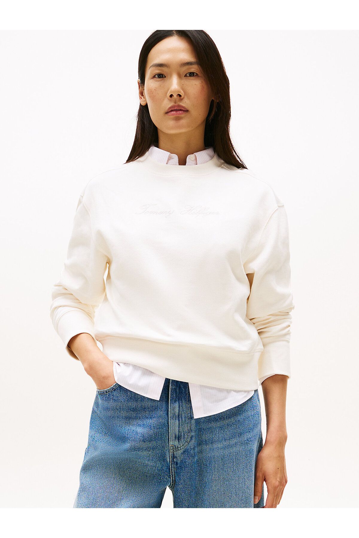 Tommy Hilfiger Logo Embroidery Pique Crew Neck Sweatshirt