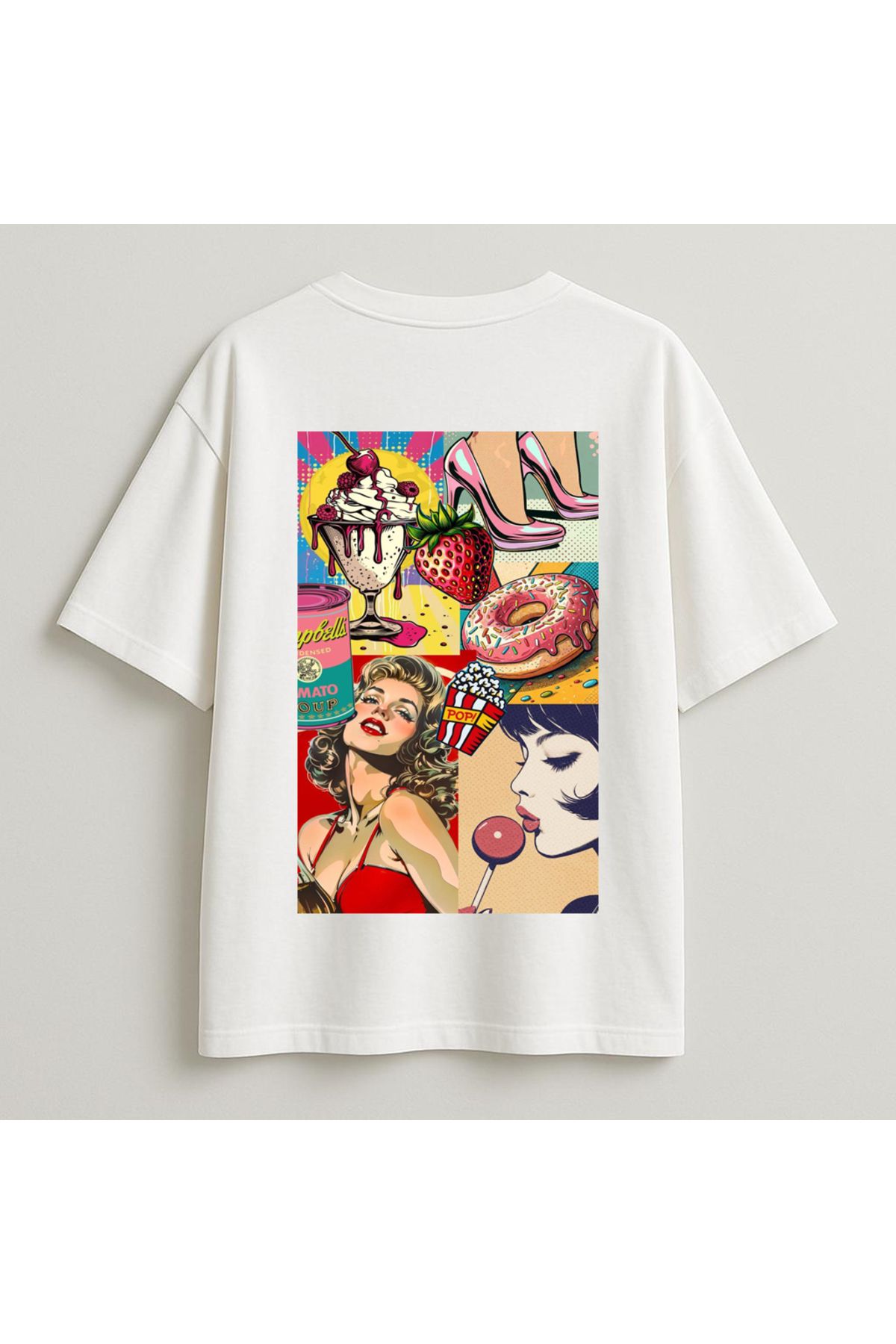 Minou Wear Renkli Kolaj Baskılı Özel Tasarım V Yaka Oversize Beyaz Kadın Tshirt