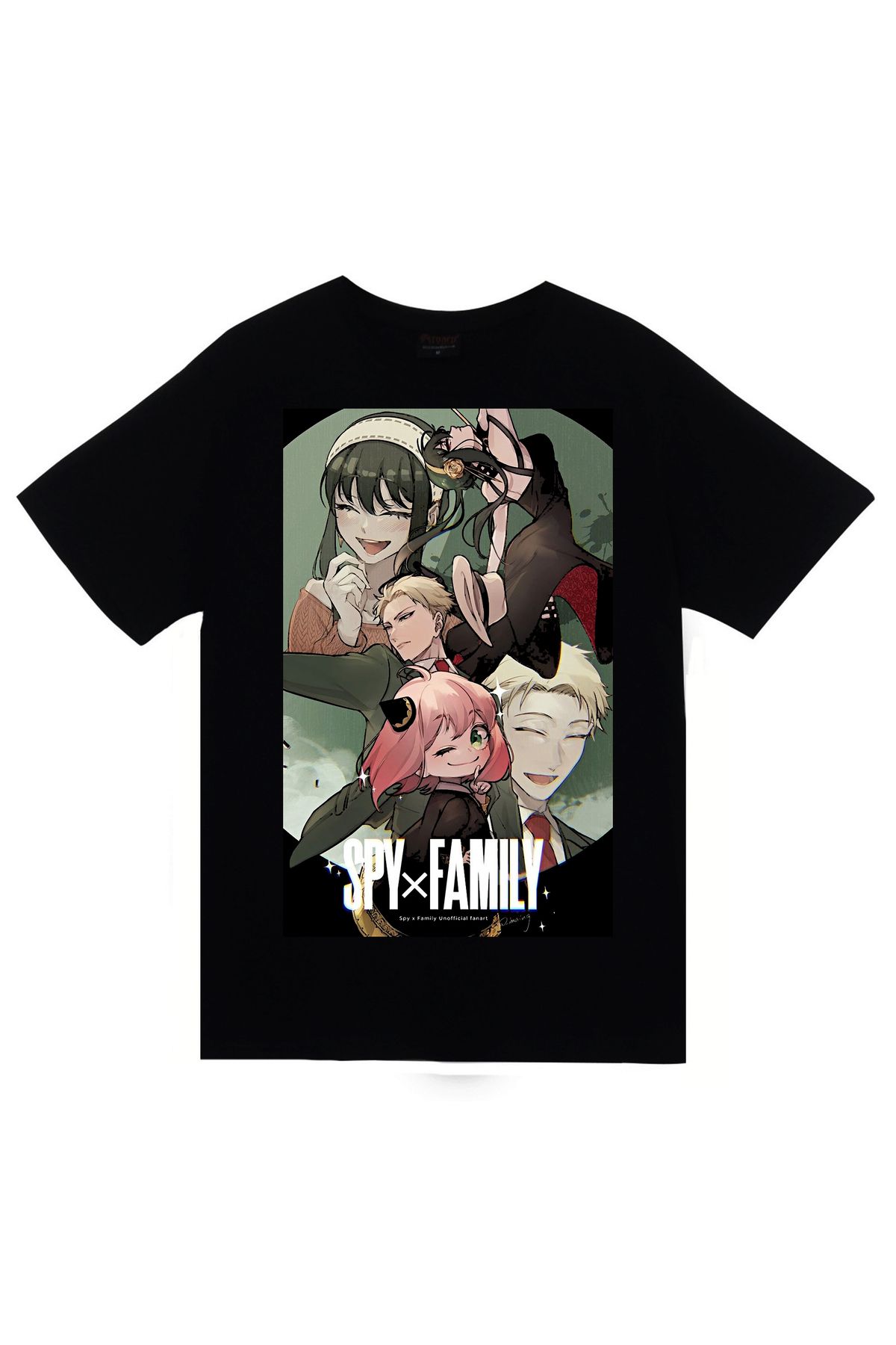 fame-stoned Spy × Family Anime Baskılı Unisex %100 Pamuk Siyah T-shirt