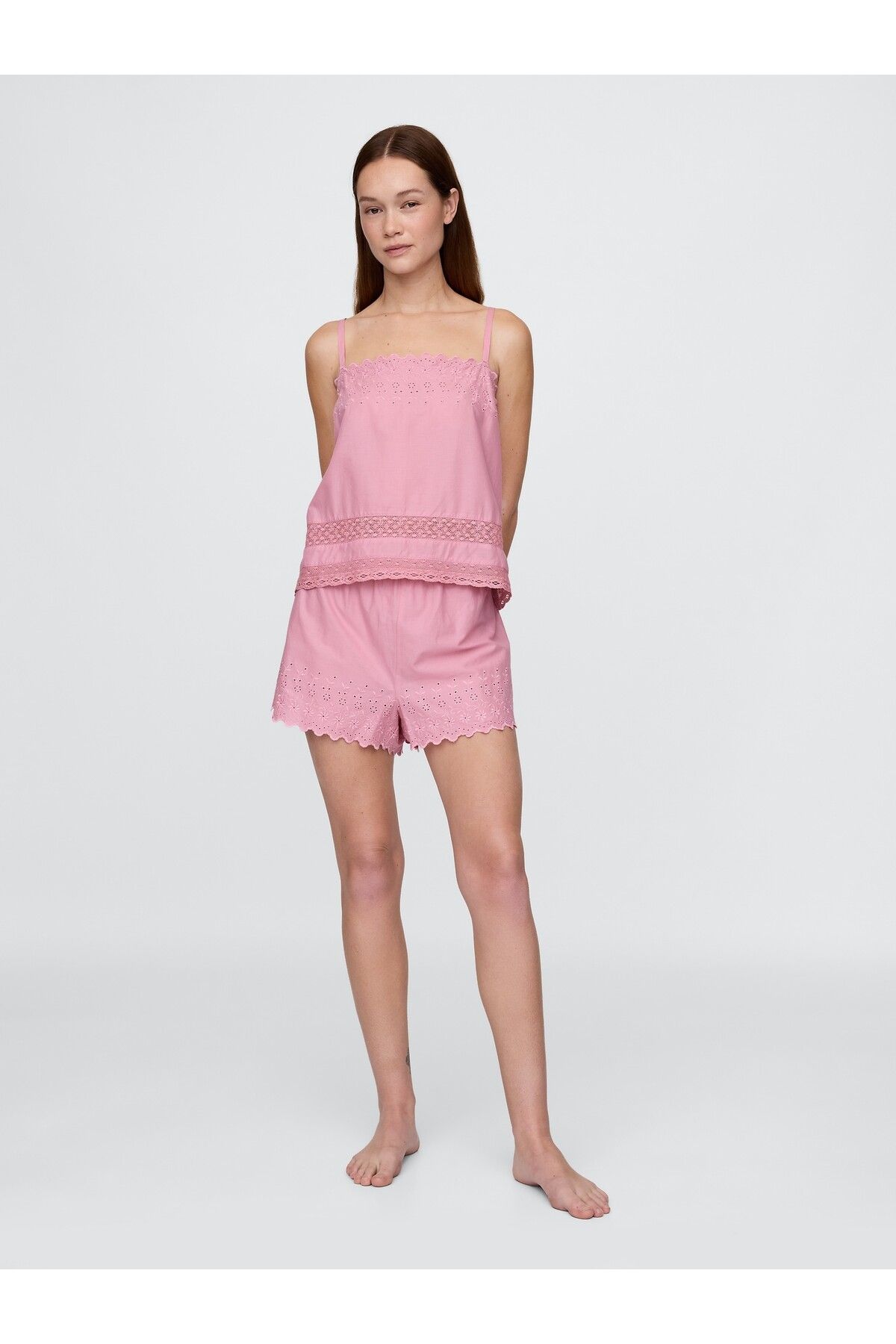 GAP Kadın Pembe Dantel Kenar Detaylı Pijama Cami Seti