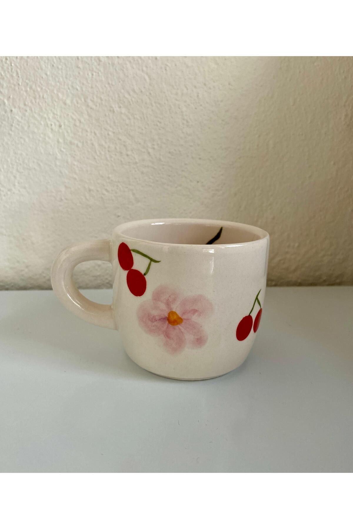 Herdess Seramik Seramik Kiraz ve Çiçek Desen El Yapımı Kupa / Mug - Kahve Kupası