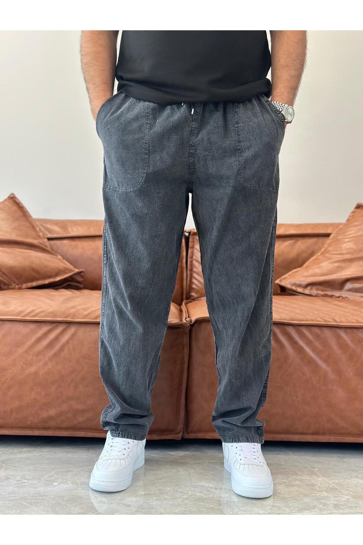 ECARTS Erkek Beli Bağcıklı Baggy Kalıp Keten Pantolon Füme Eca005