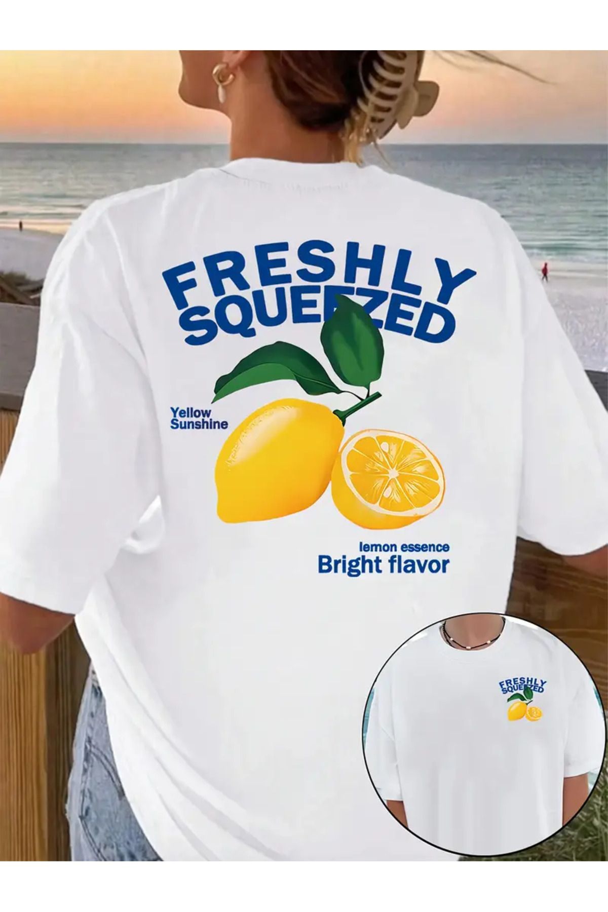 CLASİVA Freshly Squeezed Limon Baskılı Unisex Oversize Bisiklet Yaka T-shirt