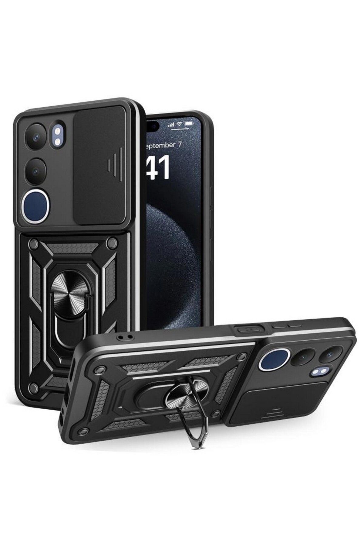 Gpack Vivo Y19S uyumlu Kılıf Pars Sürgülü Kamera Korumalı Yüzüklü Sert Silikon Siyah
