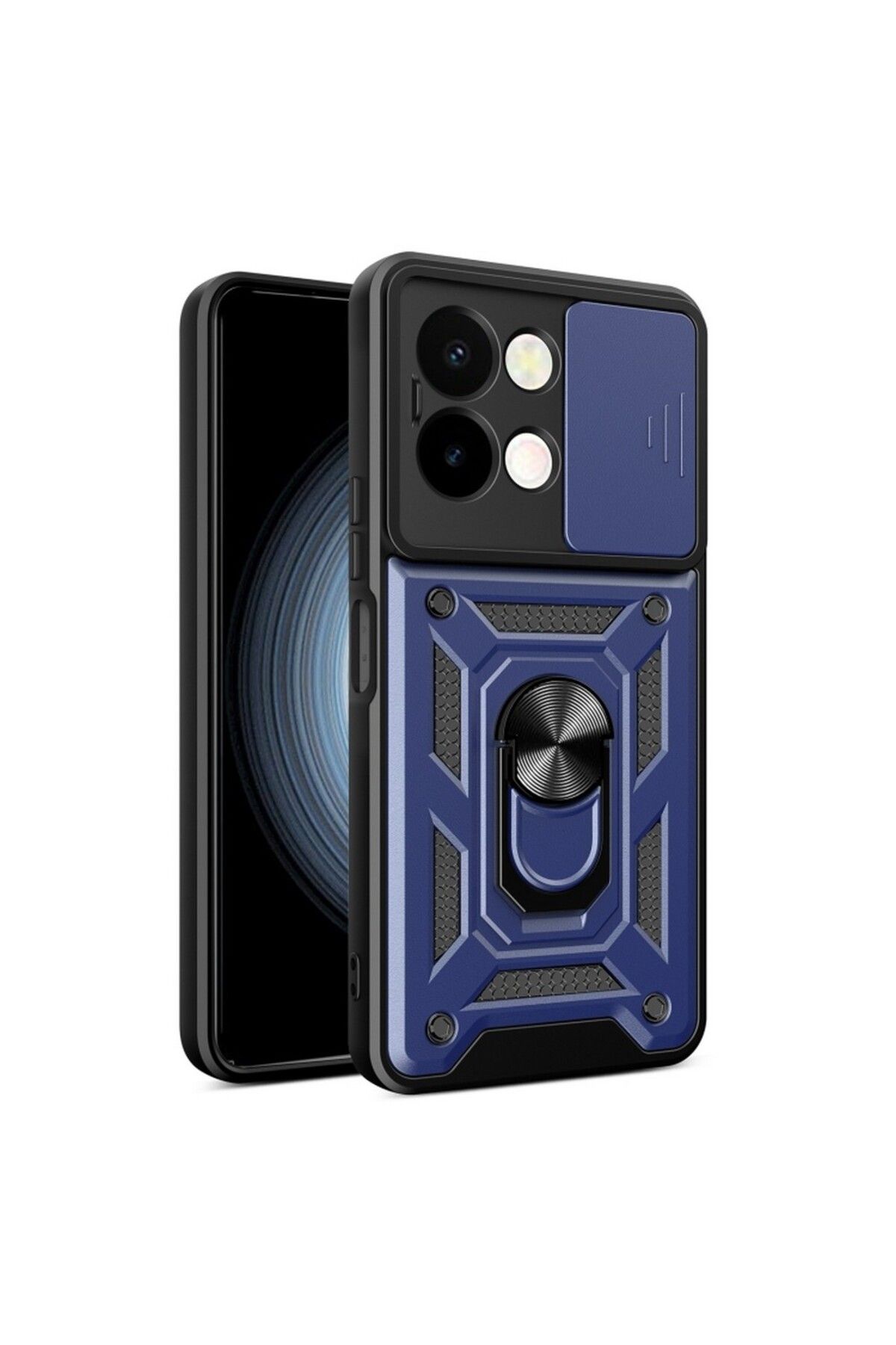 Gpack Vivo Y28 uyumlu Kılıf Pars Sürgülü Kamera Korumalı Yüzüklü Sert Silikon Lacivert