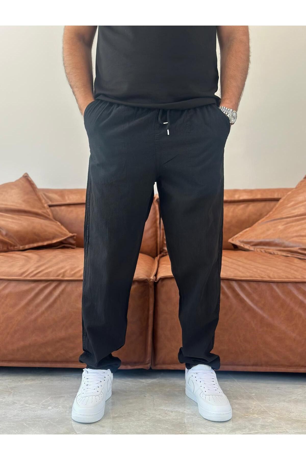 ECARTS Erkek Beli Bağcıklı Baggy Kalıp Keten Pantolon Siyah Eca005