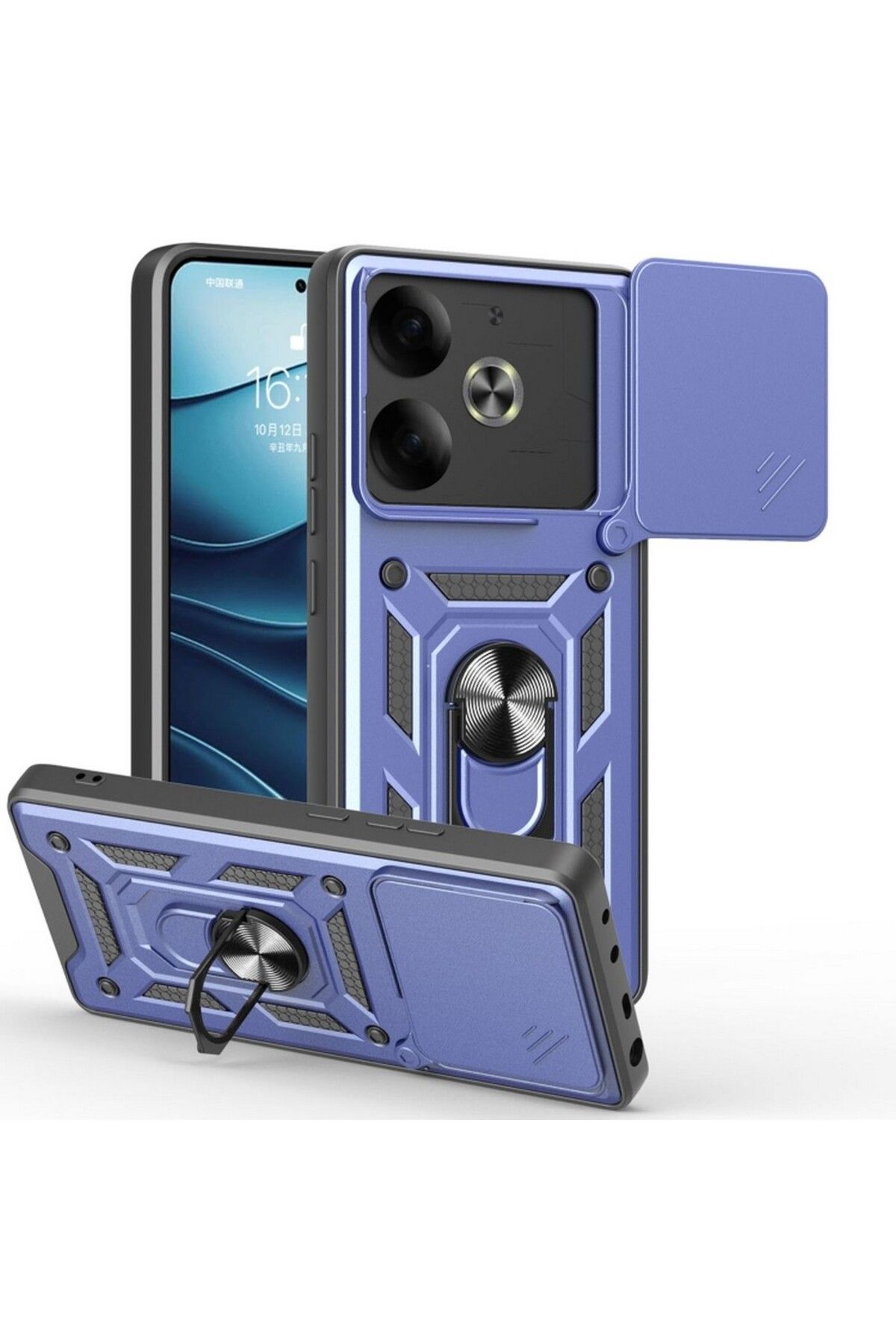 Gpack Tecno Pova 6 uyumlu Kılıf Pars Sürgülü Kamera Korumalı Yüzüklü Sert Silikon Lacivert
