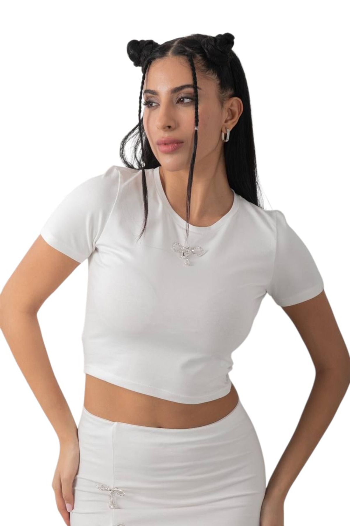 top girl İğne Fyonk detaylı Beyaz Crop Kadın Kısa Kol Body