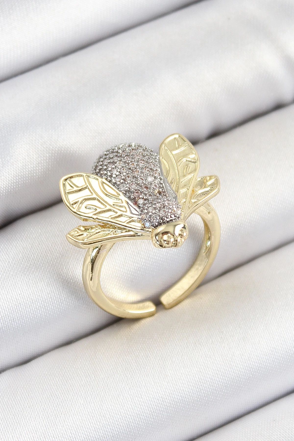shopwave Pirinç Zirkon Taşlı Arı Model Gümüş Ve Gold Renk Kadın Yüzük