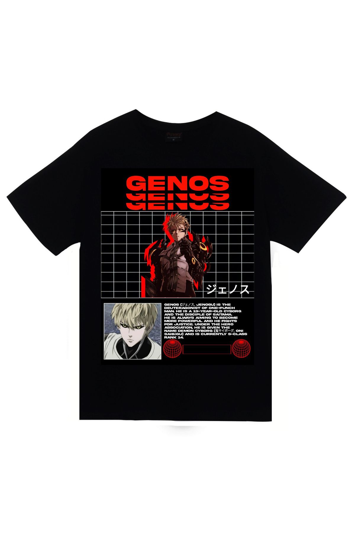 fame-stoned One Punch Man Genos Anime Baskılı Unisex %100 Pamuk Siyah T-shirt