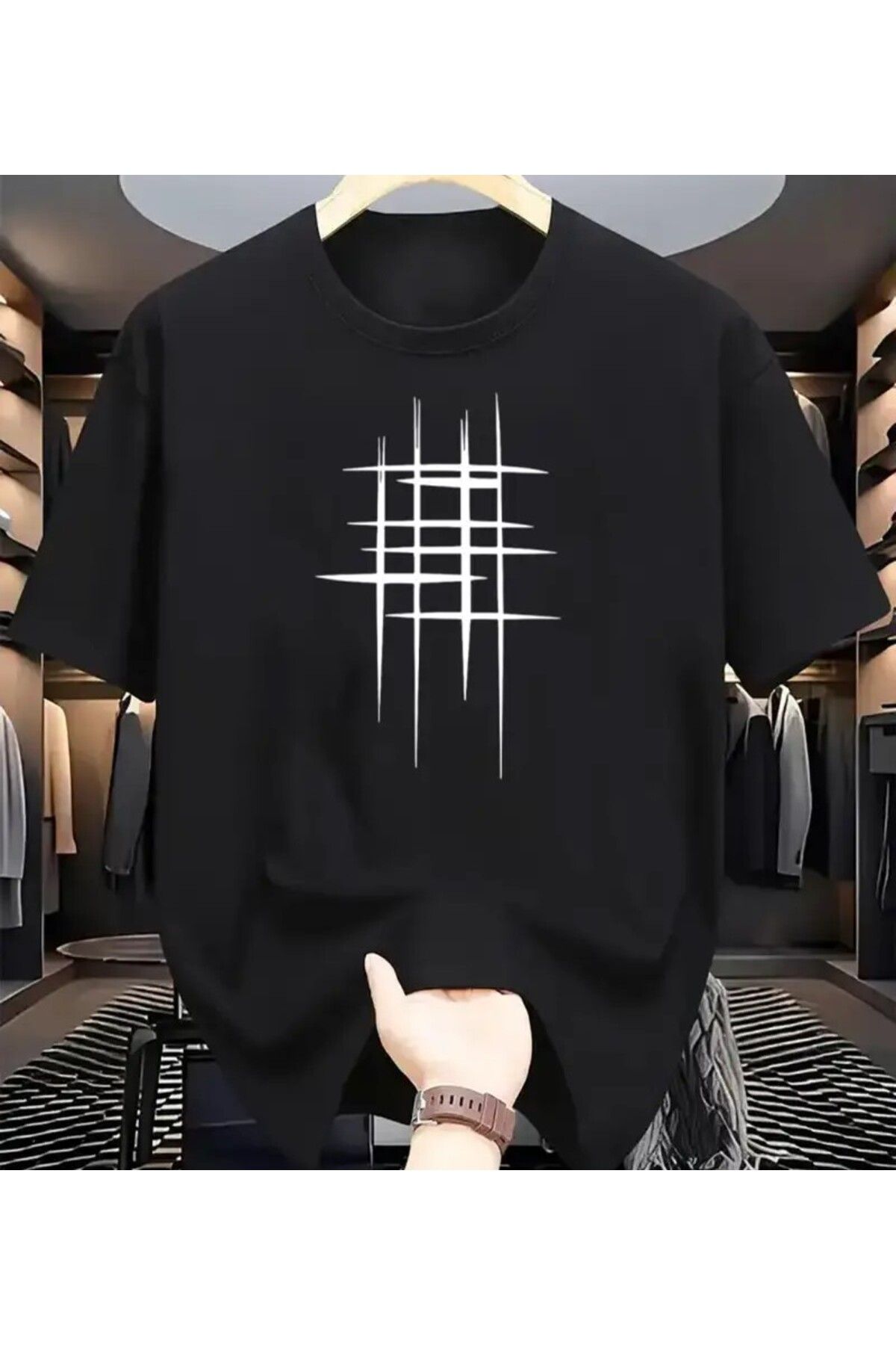 benimcombinim Unısex Erkek/Kadın Kare Baskılı Oversize Pamuklu Bisiklet Yaka T-Shirt tişört