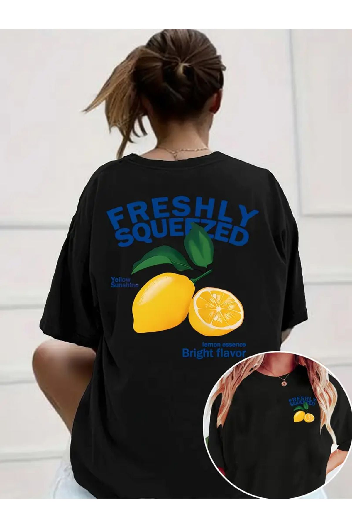 CLASİVA Freshly Squeezed Limon Baskılı Unisex Oversize Bisiklet Yaka T-shirt