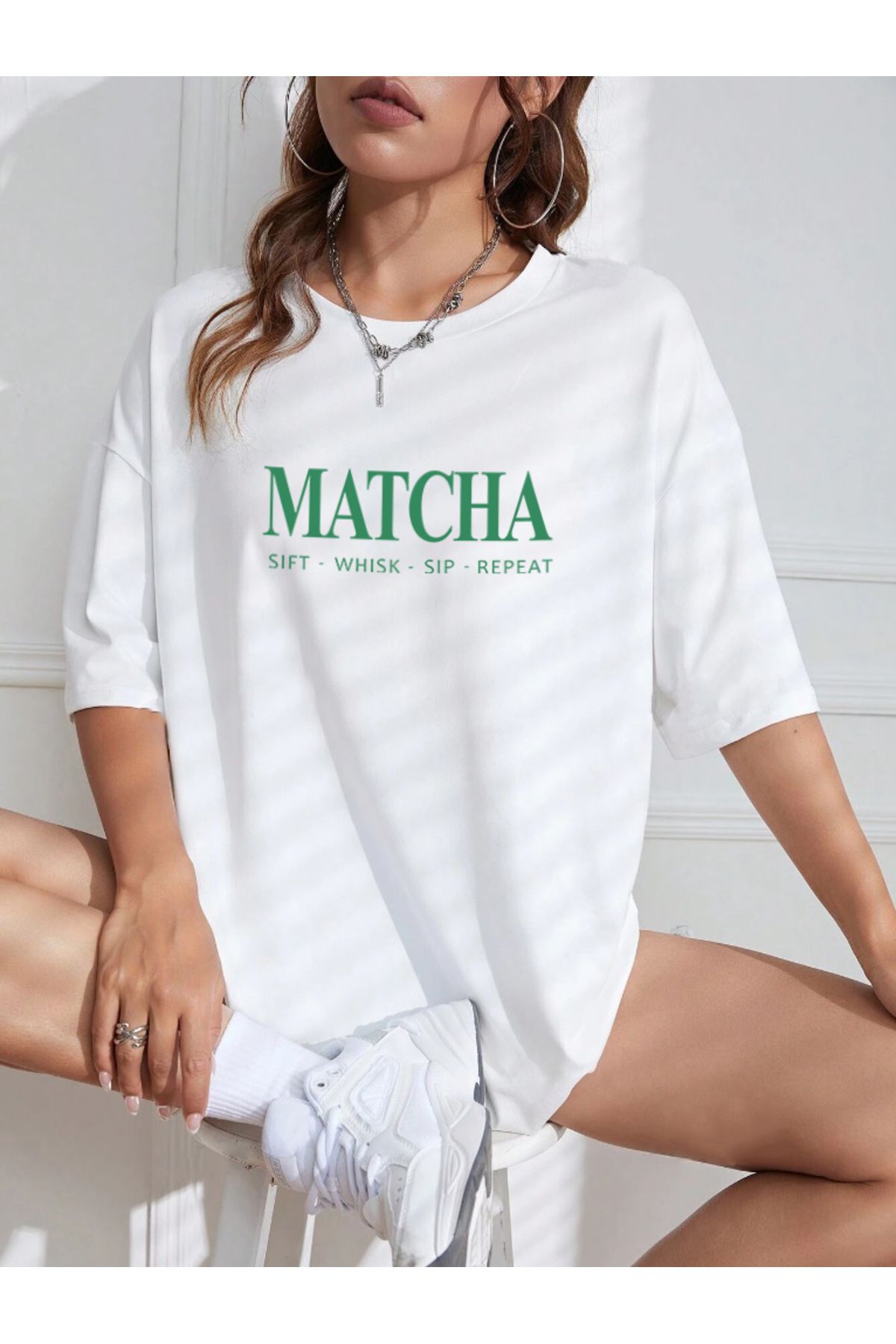 OFFSIDESIGN Kadın Oversize Bej Beyaz Penye Tişört Matcha Yazılı Basic Tasarım Baskılı Kadın Tişört Kısa Kollu