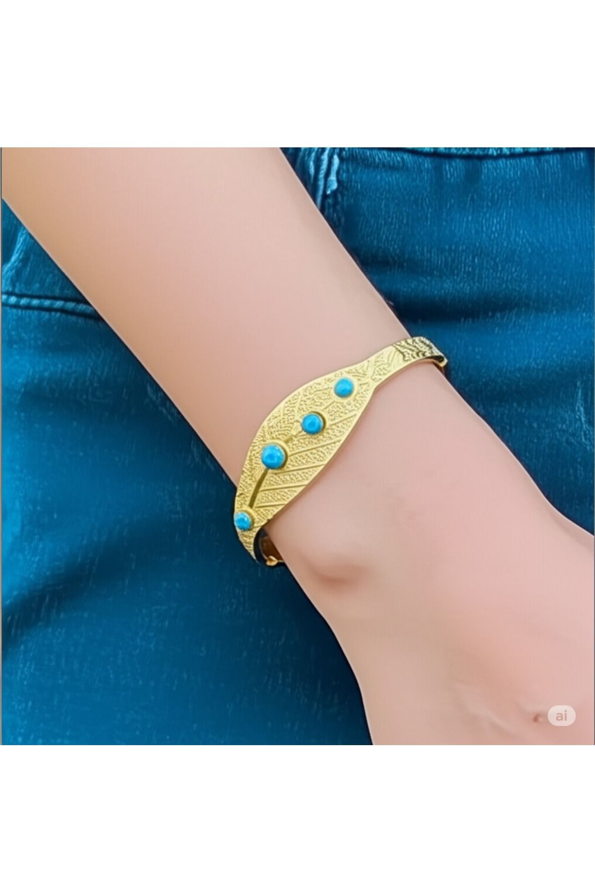 FAMEMUS ACCESSORY Gold Renk Yaprak Desenli Turkuaz Taşlı Bilezik