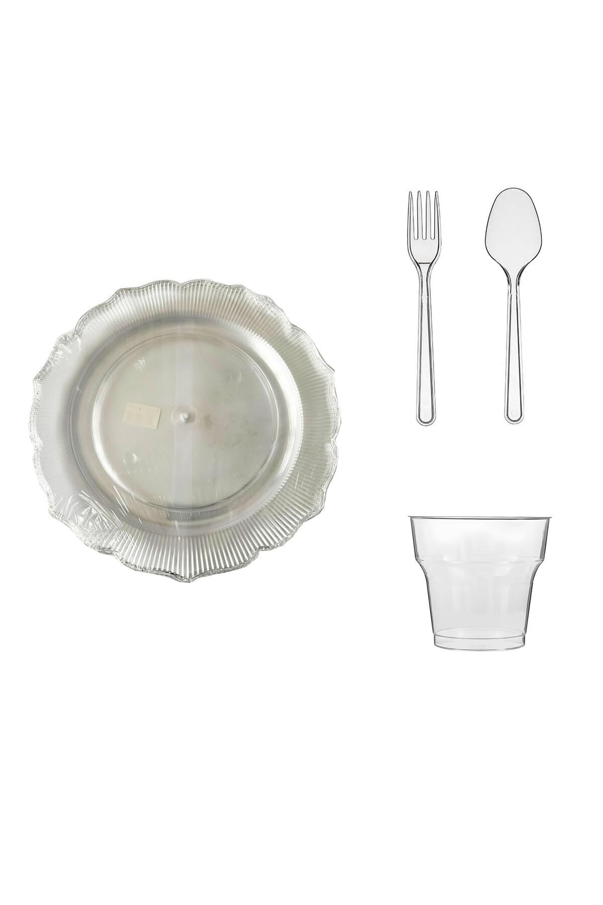 omeyva 23 Cm. Plastik Mika Şeffaf Sorfa Piknik Seti - 48 Kişilik Tabak Bardak Çatal Kaşık Takımı