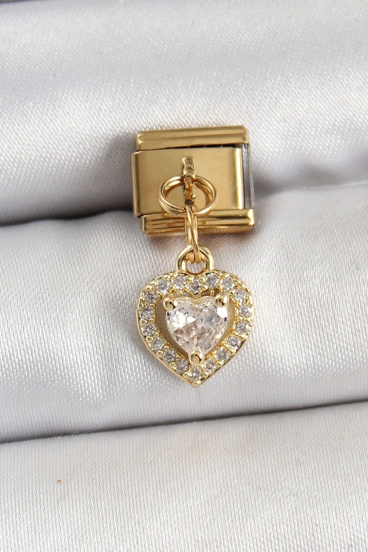 shopwave 316L Çelik Sallantılı Zirkon Taşlı Kalp Model Gold Renk Nomination Charm
