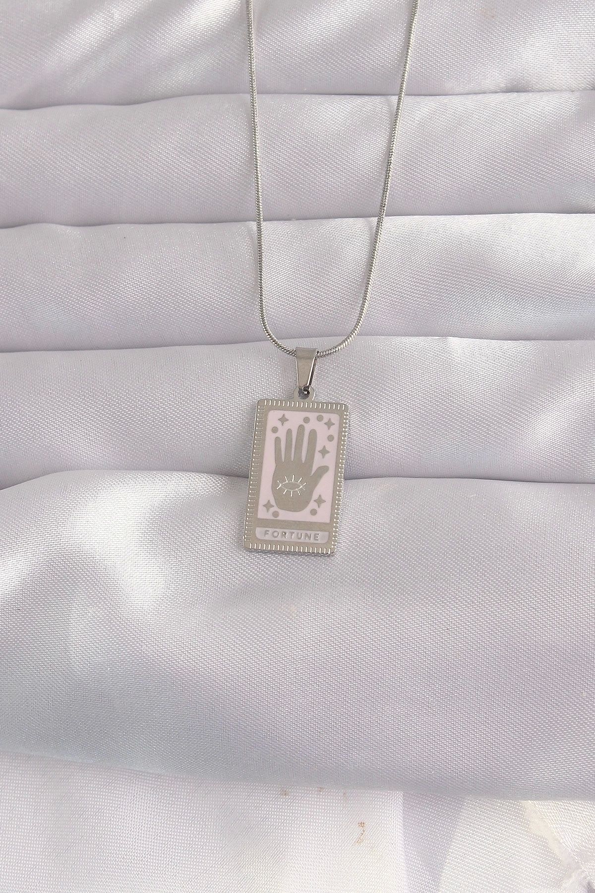shopwave 316L Çelik Gümüş Renk Pembe Mineli El Figür Tarot Kolye - TJ-BKO9050