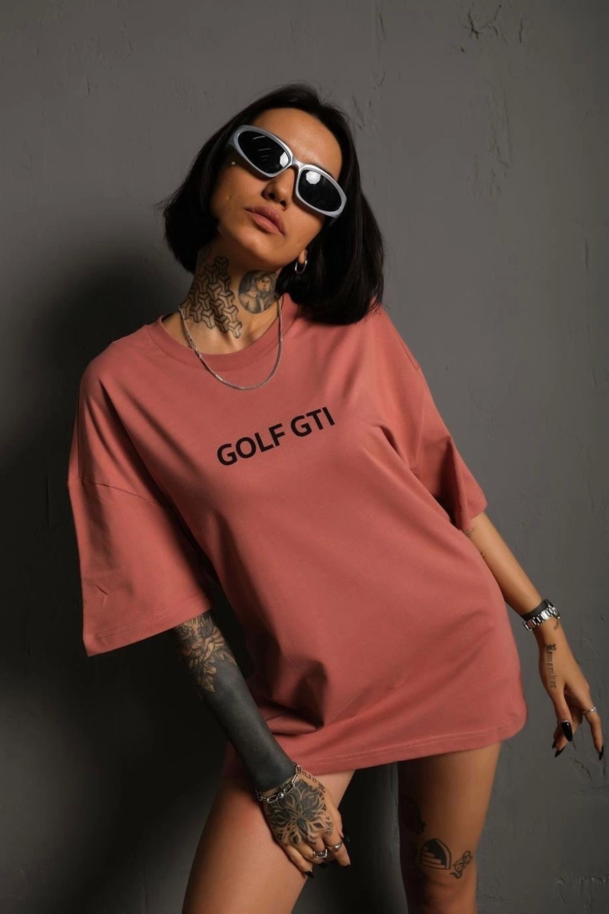 fashok Kadın Sırt Golf Gtı Baskılı Oversize T-shirt - Gül Kurusu