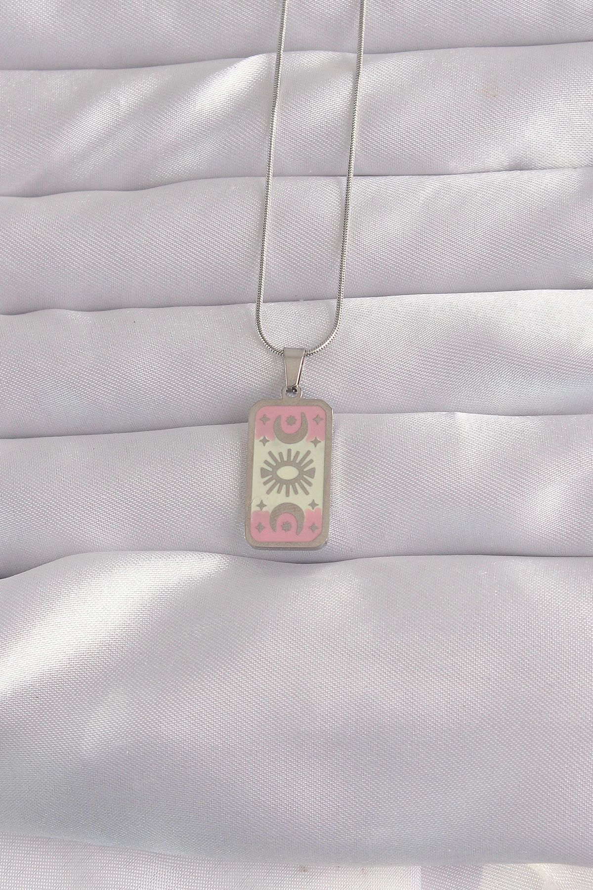shopwave 316L Çelik Gümüş Renk Pembe Mineli Ay Figür Tarot Kolye - TJ-BKO9045