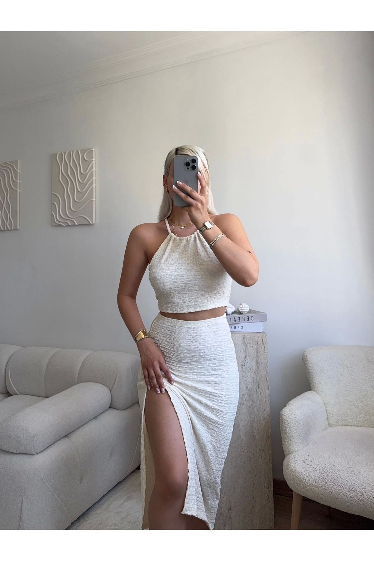 Zora Butik Halter Crop & Yırtmaçlı Takım - BEJ