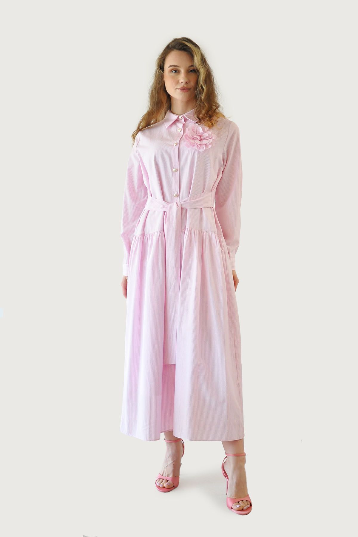 Rukayyel Çizgili Elbise - Pembe