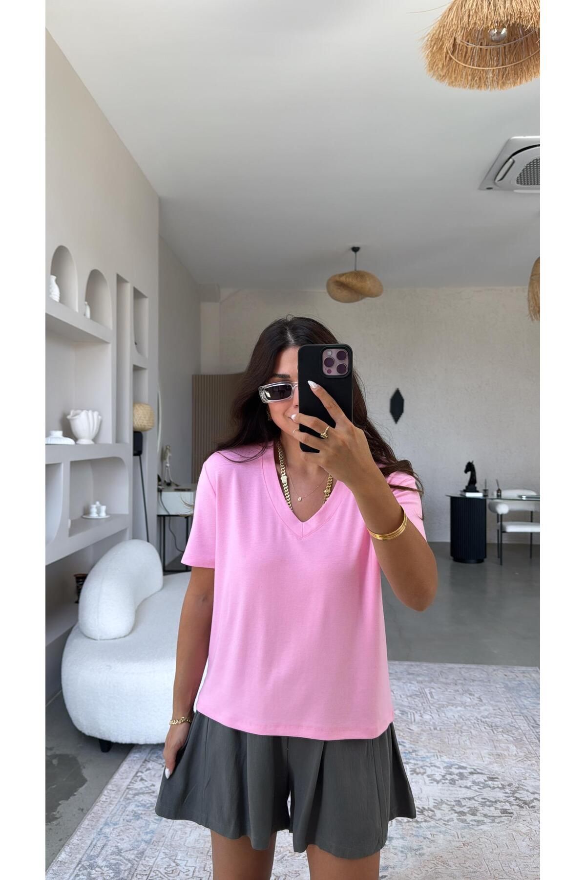 Buket Teke Pembe V Yaka Salaş Bluz