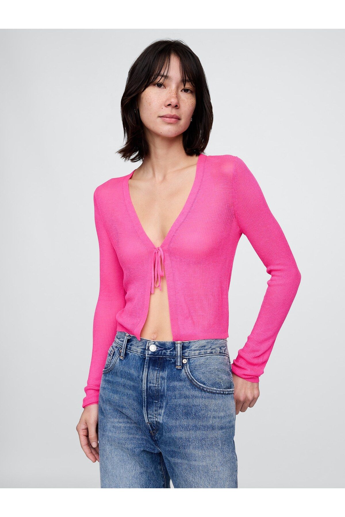 GAP Kadın Pembe Şeffaf Fitilli Bağcıklı Hırka