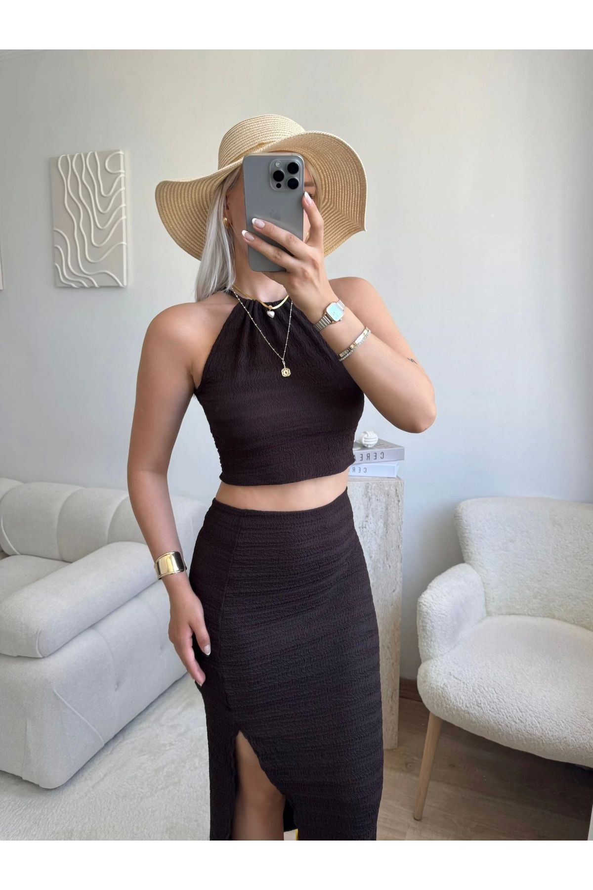 Zora Butik Halter Crop & Yırtmaçlı Takım - KAHVE