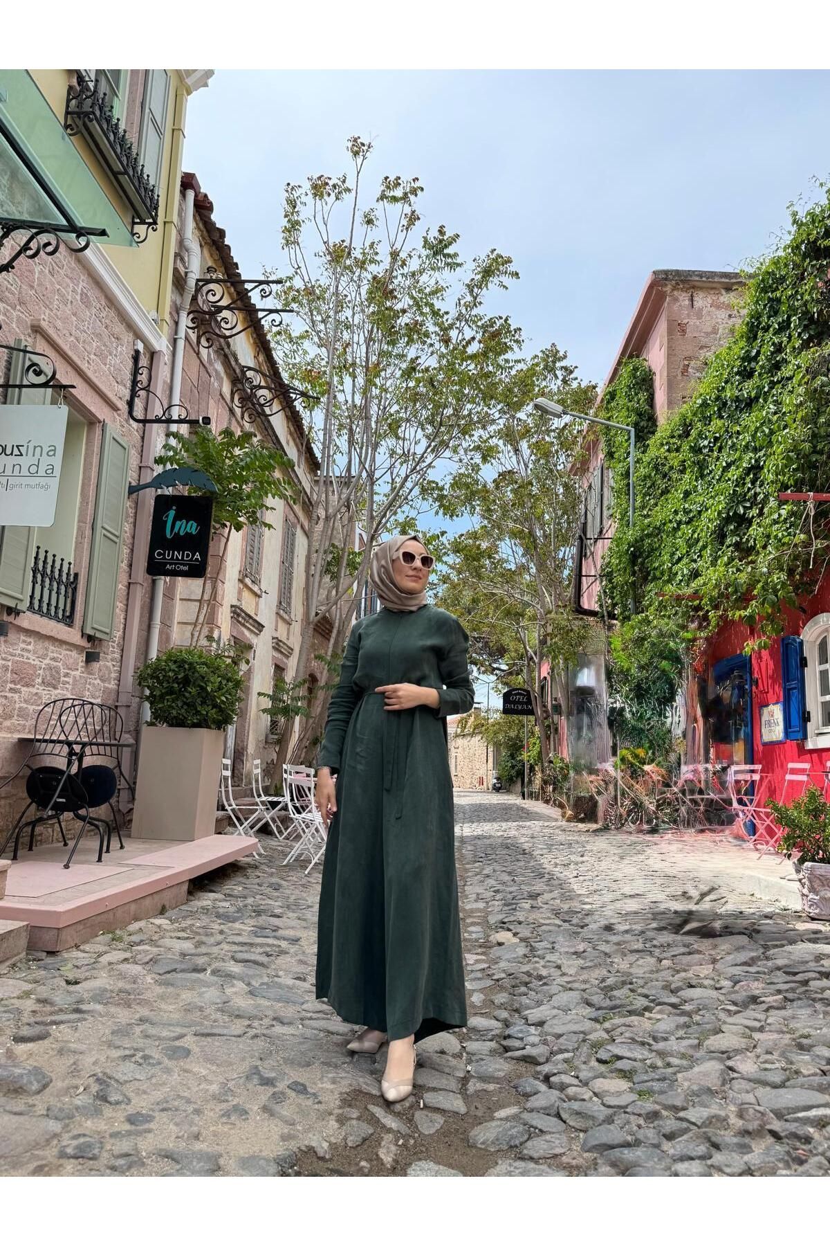 TERZİ DÜKKANI Taşlanmış İpek Parçalı Kadın Tulum Haki Yeşil