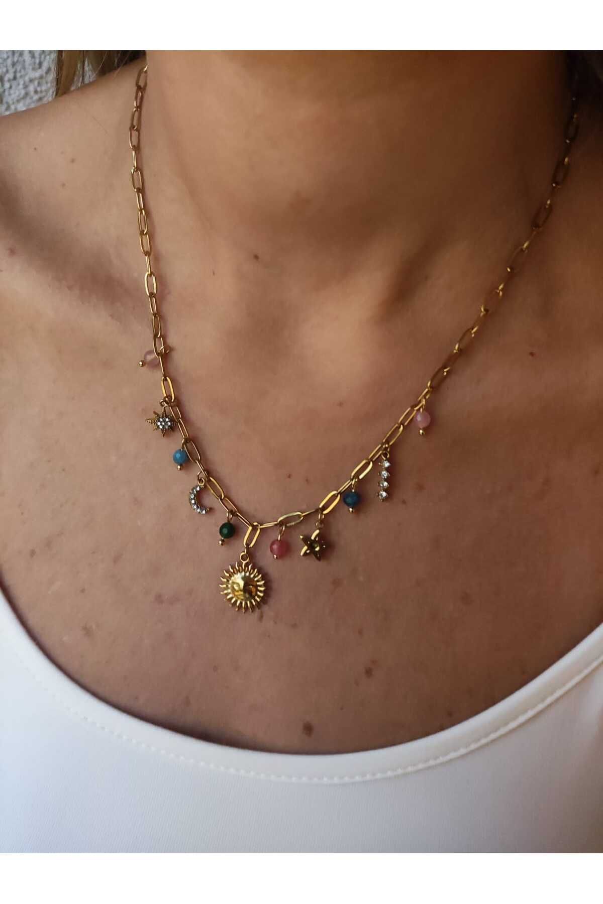 MoS JEWELLERY Paslanmaz Çelik Gold Renk Güneş ve Yıldız Detaylı Doğal Taşlı Kolye