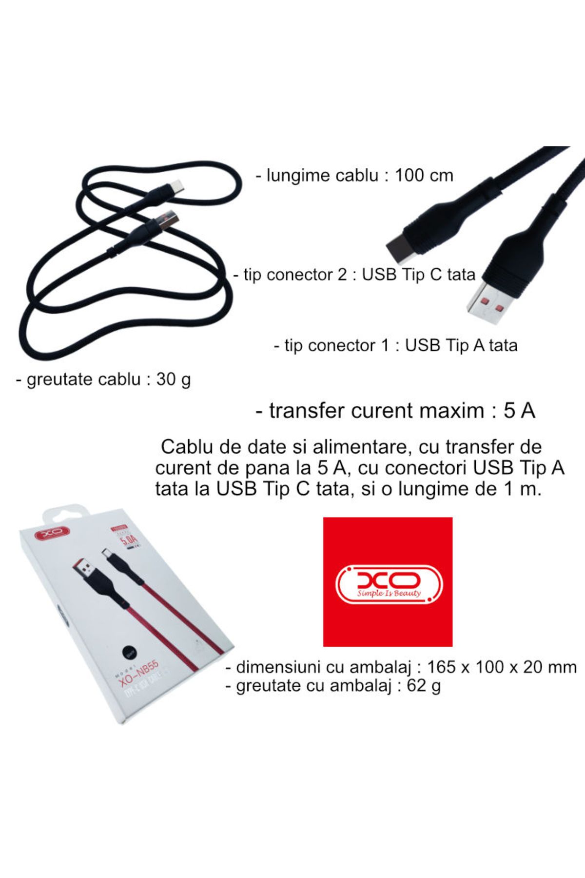 Xo-Cablu de date și alimentare, XO-NB55 89975, 5 A, conector USB la USB tip C mascul, lungime 100 cm, negru 6