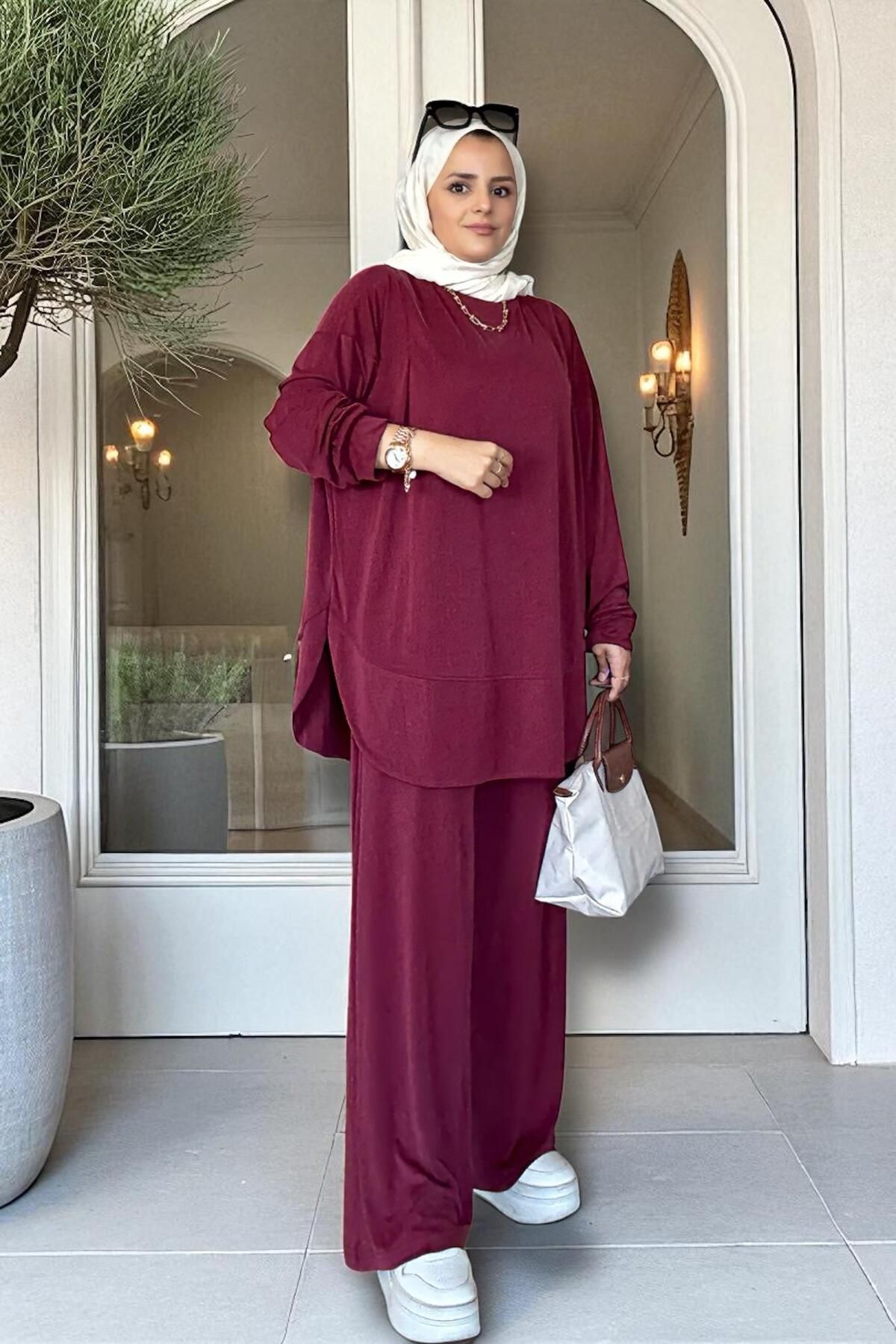 Aselim Hijap Moda Serinsoft Yazlık İkili Takım - Cepli Pantolon & Dökümlü Tunik 36-48 beden Bej