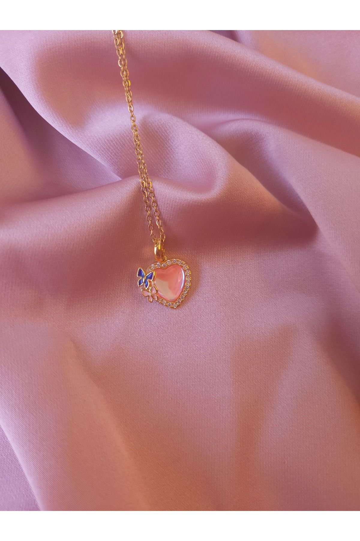 Jewerly Pink Promise Parlak Pembe Taşlı Kelebek Detaylı Paslanmaz Çelik Kolye