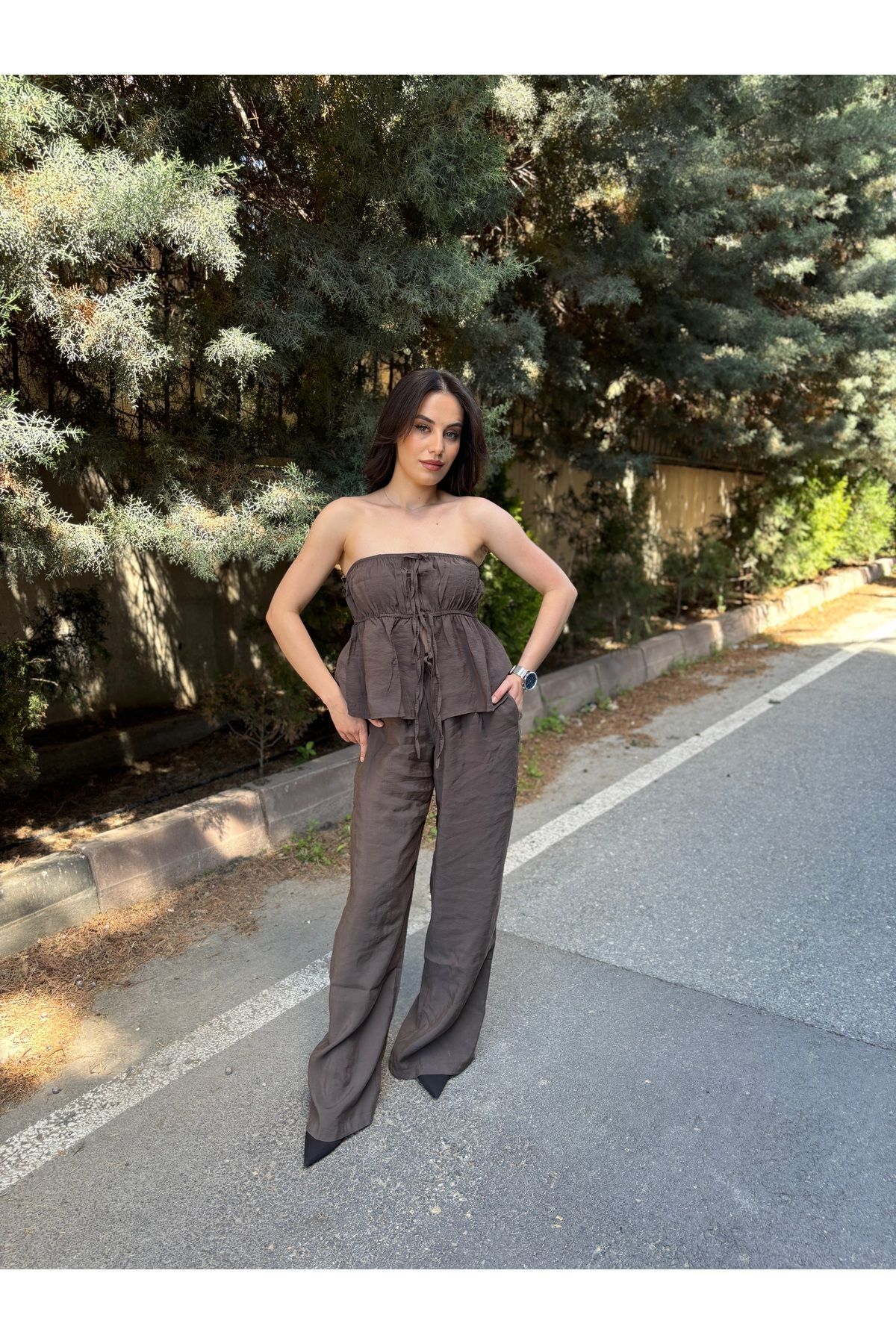 ESELAY Antrasit Straplez Bluz Pantolon Takım