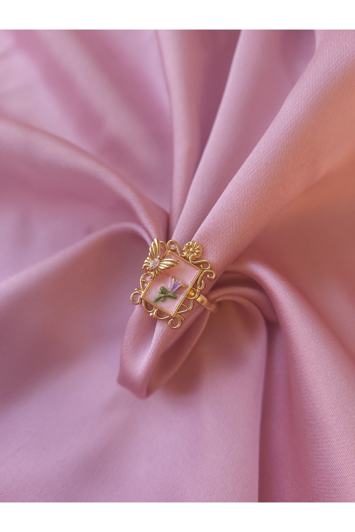 Jewerly Nature's Palette Minimal Sanat Çiçek ve Kelebek Çerçeve Model Paslanmaz Çelik Yüzük