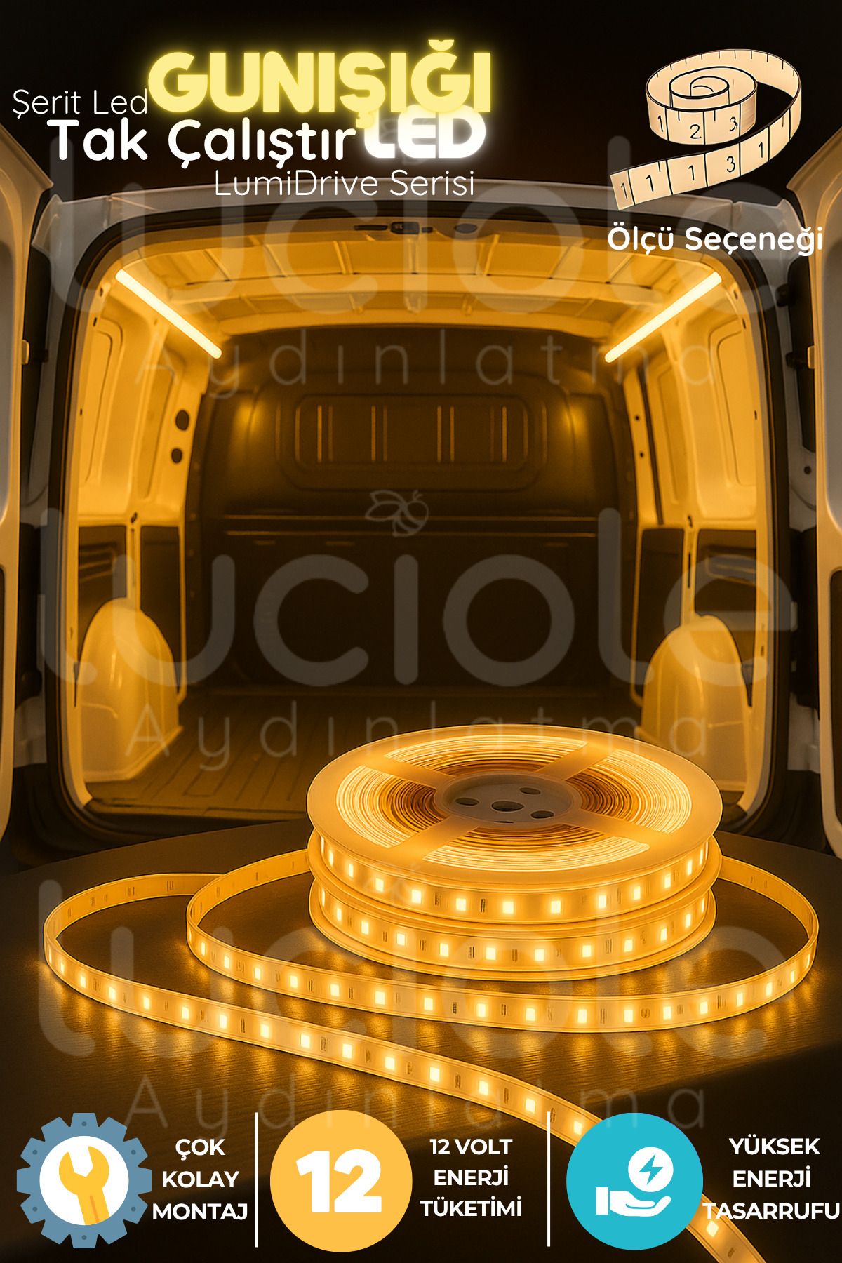 luciole LumiDrive 3m 12V Günışığı Şerit LED – Sıcak Ton Araç İçi Işık, Kesilebilir, Montaj Hazır