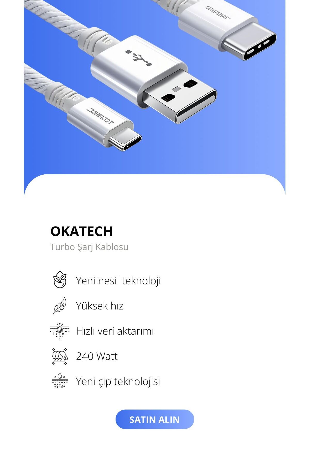 OKATECH Usb-Type C 240WATT TURBO Şarj - Senkron Kablosu Apple Samsung Reeder Huawei Uyumludur