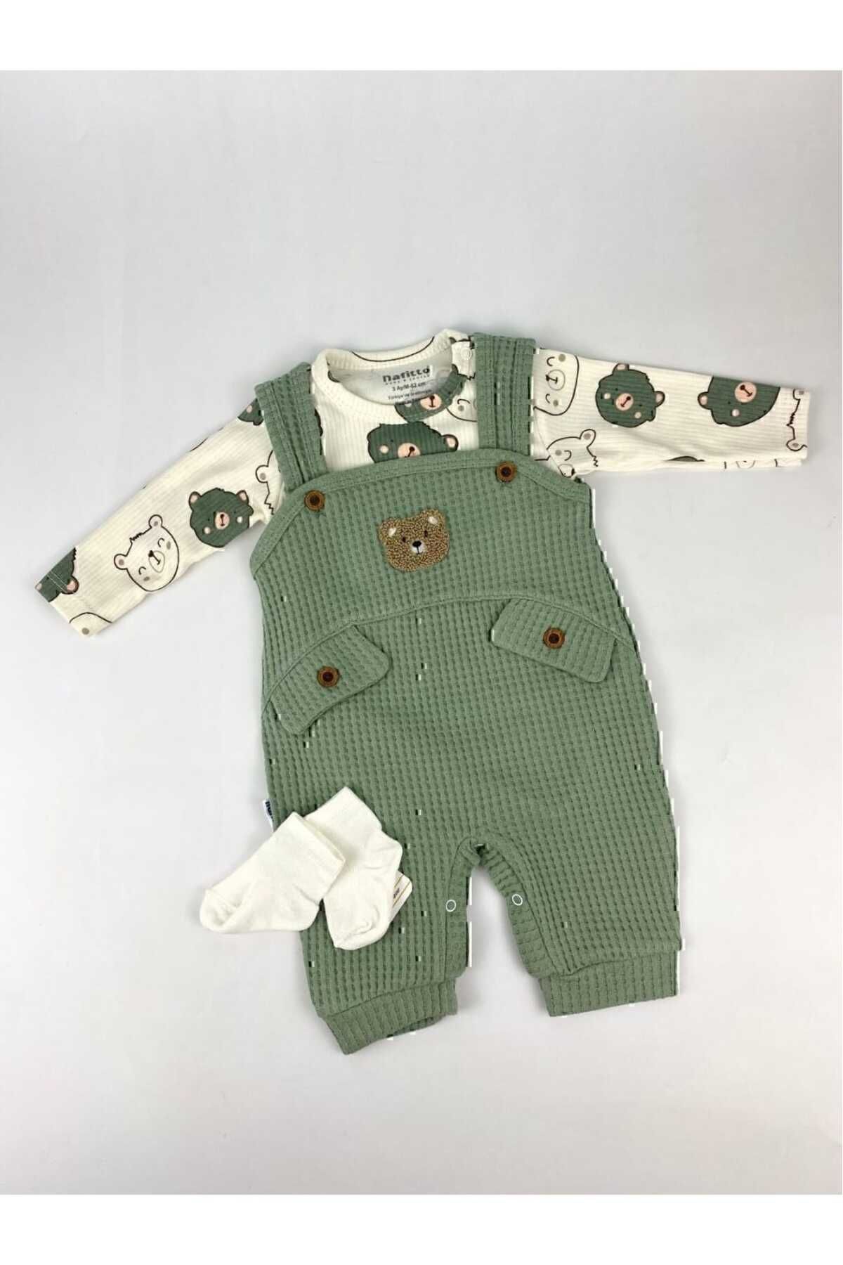 UmBaby Ayı Nakışlı Erkek Bebek Tulum 3’lü Tulum Seti – Zıbın, Tulum Ve Çorap | 3-6-9 Ay Bebek Kıyafeti