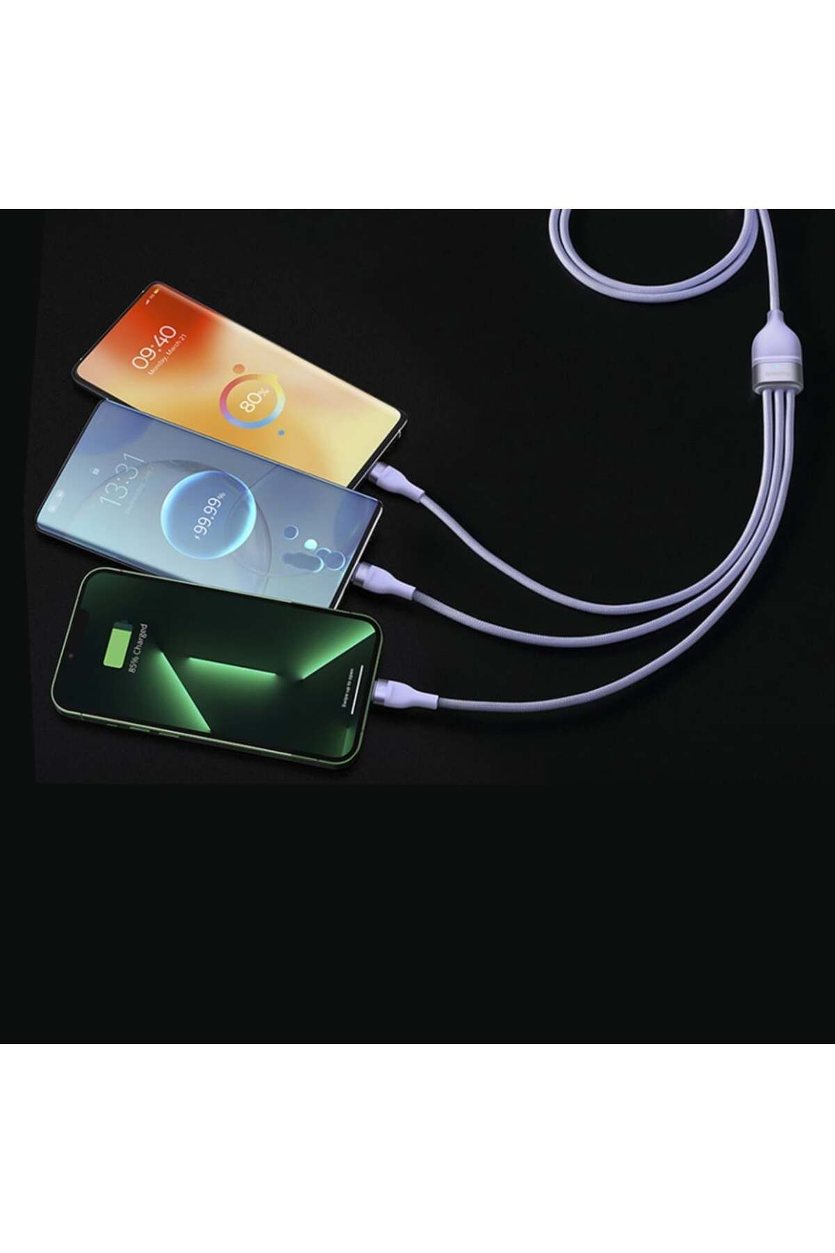 Baseus-Cablu de încărcare/date 3 în 1 USB la Tip-C, Lightning, Micro-USB, 66W, 1,2 m, Flash Series 2, Violet 2