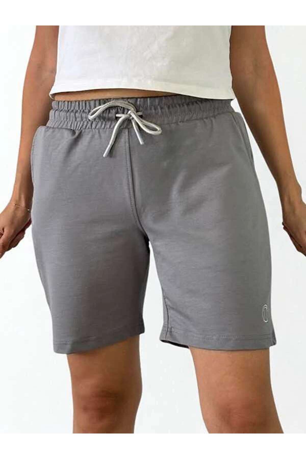 TREE TONE Unisex Beli Bağlamalı Pamuklu Cepli GRİ Şort