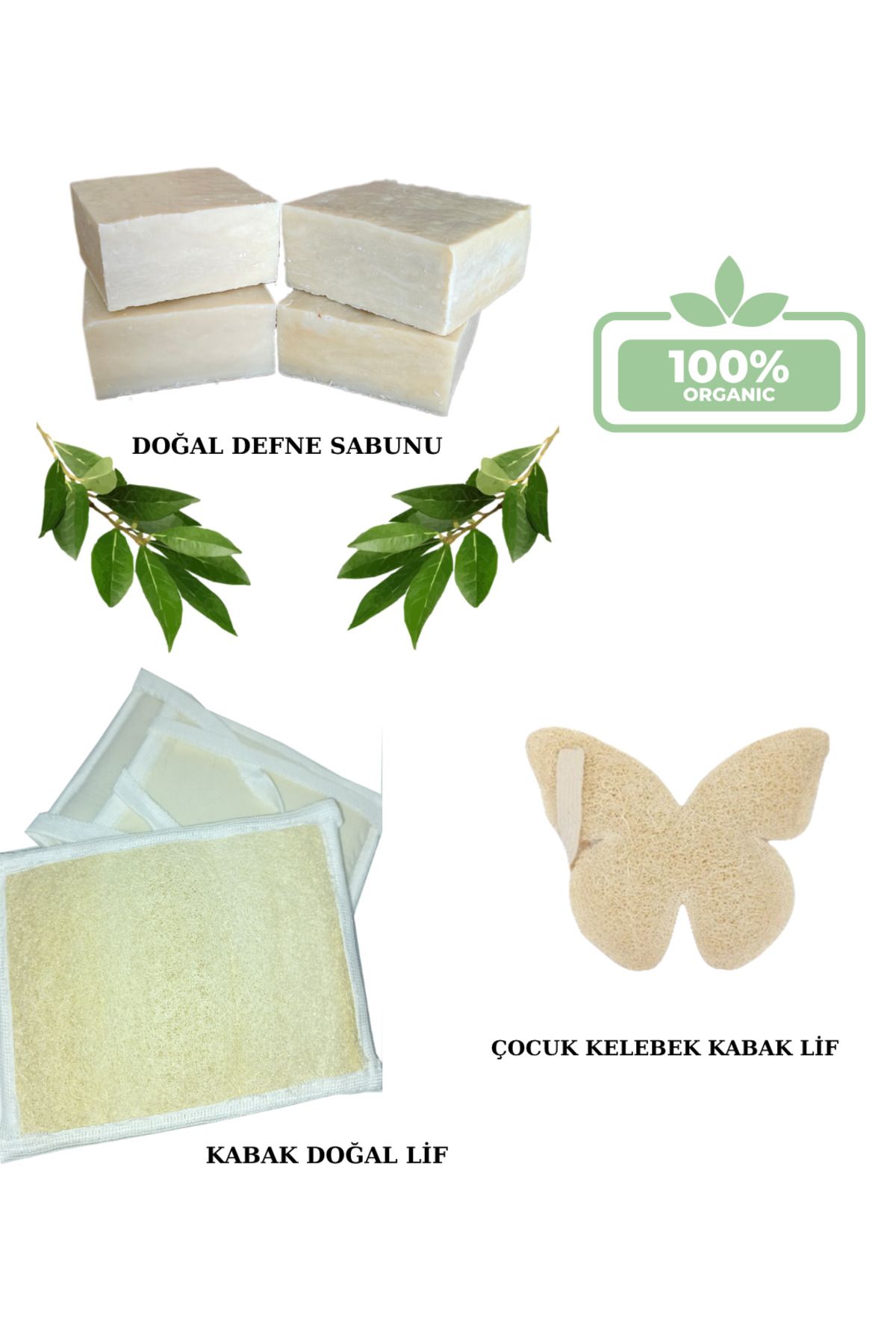 Sineda DOĞAL SABUN ANNE ÇOCUK +LİF SETİ (4 Doğal defne sabunu+Kelebek cocuk lifi+Kabak doğal lif)