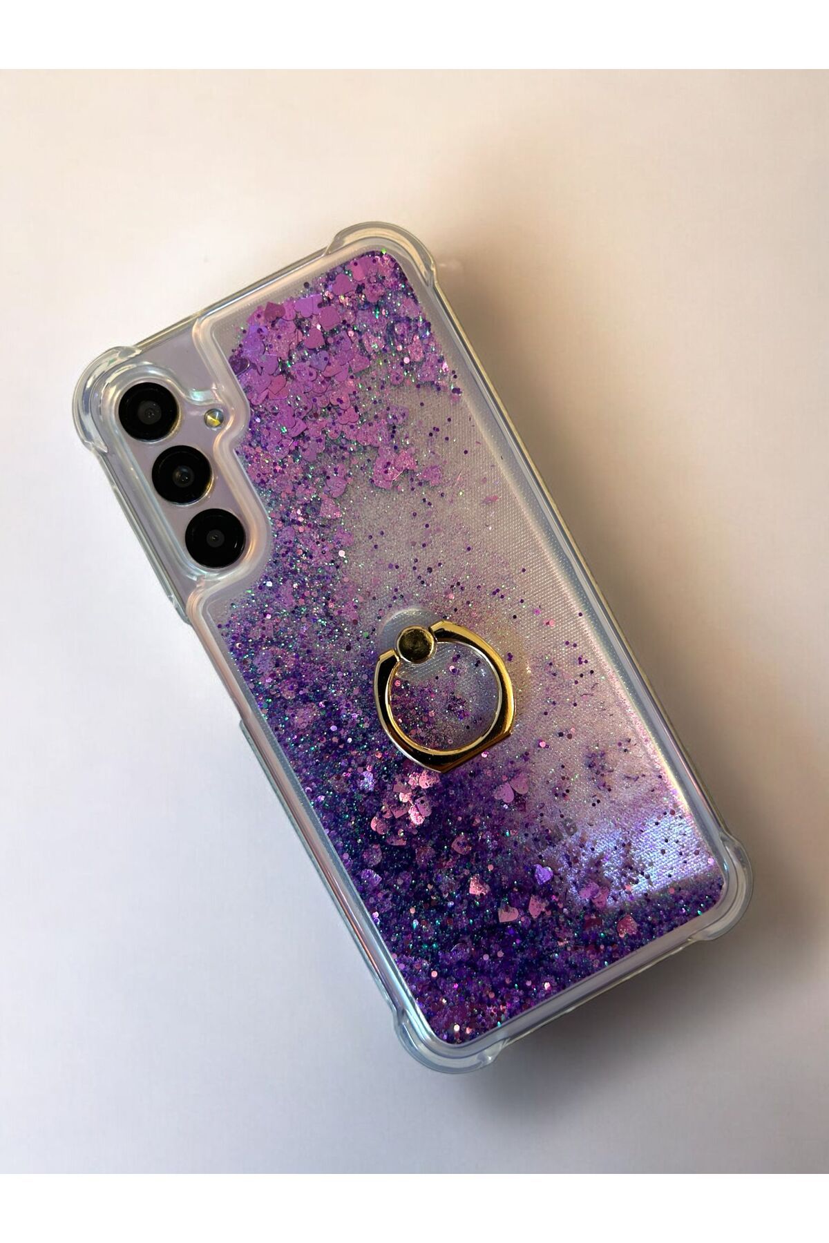 Merwish Samsung Galaxy A54 Uyumlu Sulu Simli Yüzüklü Standlı Parlak Silikon Kılıf Mor